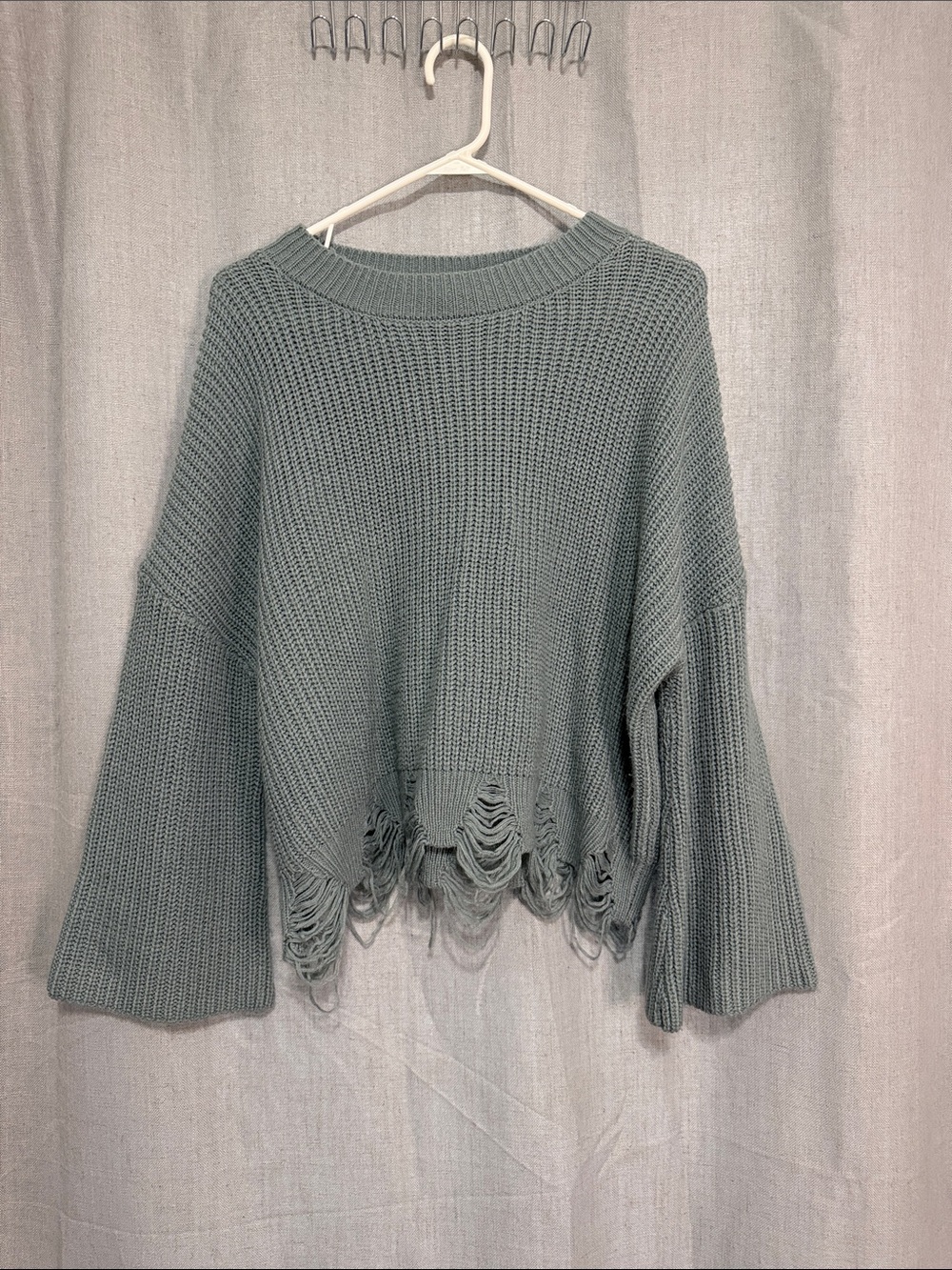 Daytrip Distressed Sage Green Ribbed Crop Sweater Bell Sleeves